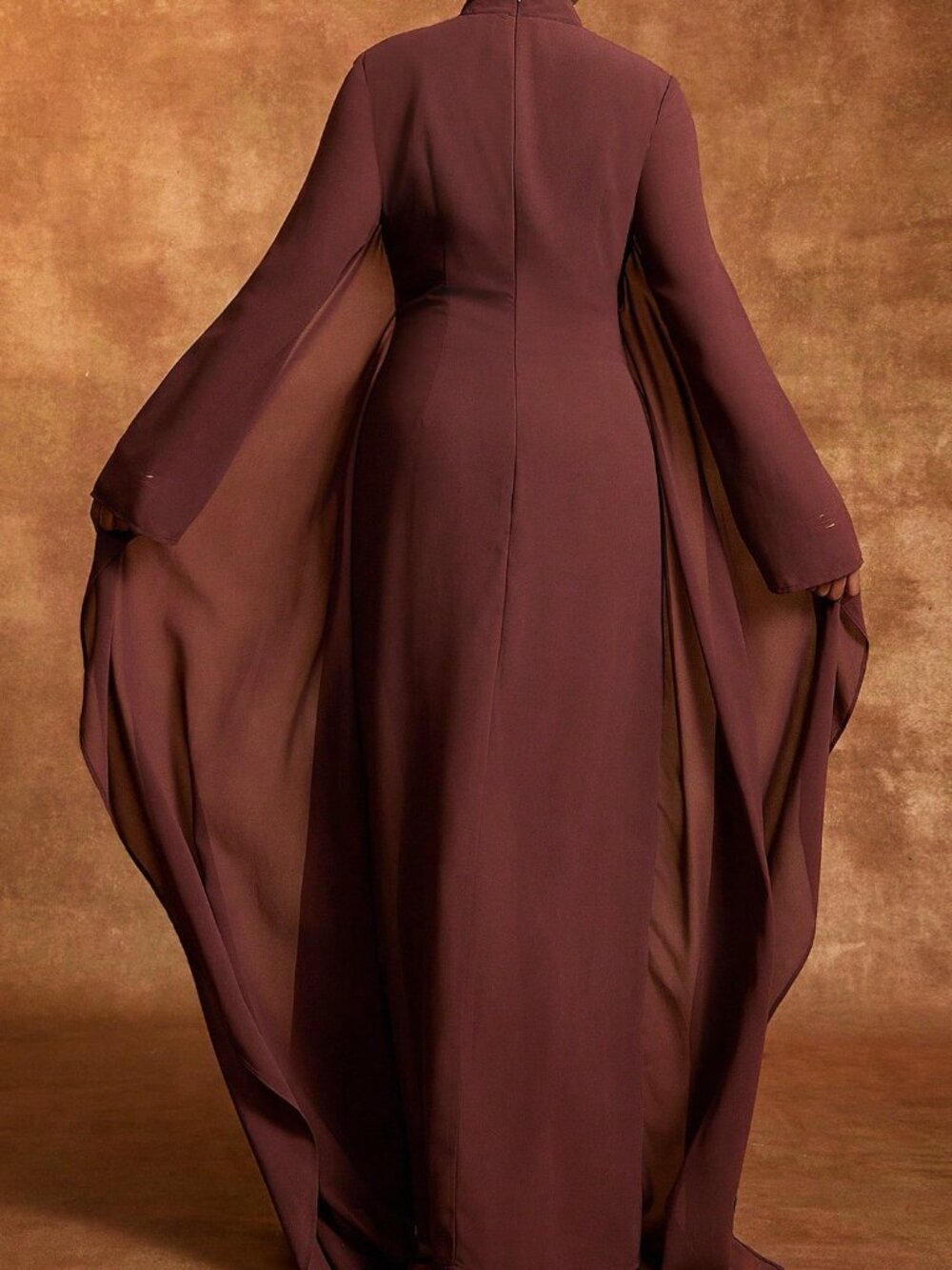 Brown Elegant Women's Chiffon Mock Neck Batwing Long Sleeve Maxi Dress - Picture 2 of 5